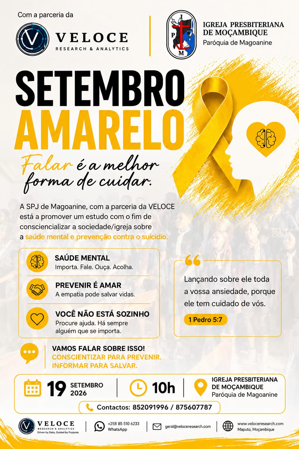 Cartaz do evento Setembro Amarelo da VELOCE com a Igreja Presbiteriana de Moçambique, 19 de Setembro de 2026, 10h, Magoanine